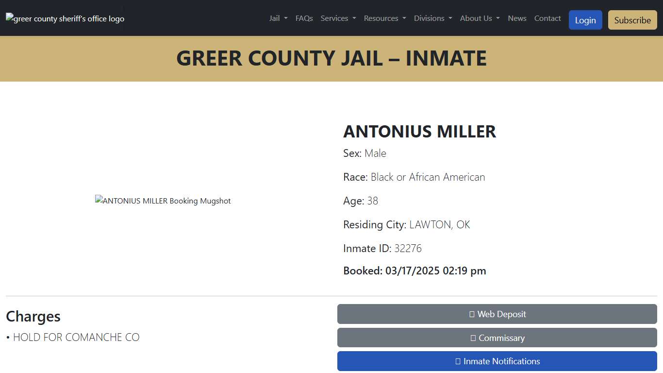 ANTONIUS MILLER Booked at the Greer County Jail